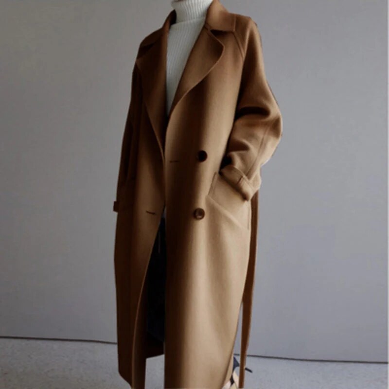Longline Double-Breasted Coat – wide notch lapels, relaxed fit