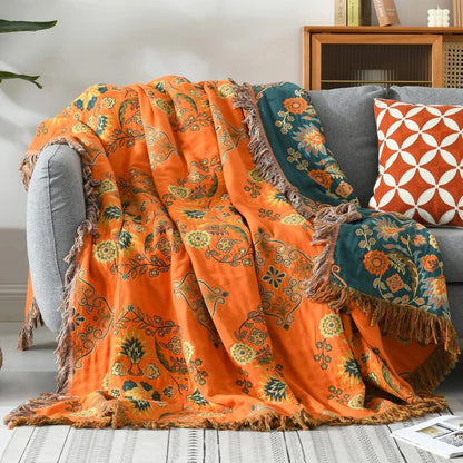 Marigold Throw Blanket – reversible cotton, teal and orange
