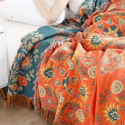 Marigold Throw Blanket – reversible cotton, teal and orange