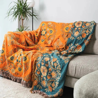 Marigold Throw Blanket – reversible cotton, teal and orange