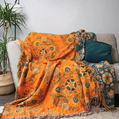 Marigold Throw Blanket – reversible cotton, teal and orange