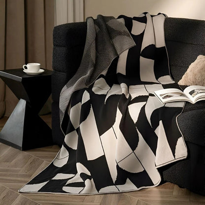Monochrome Geometric Throw Blanket – retro design, microfibre blend