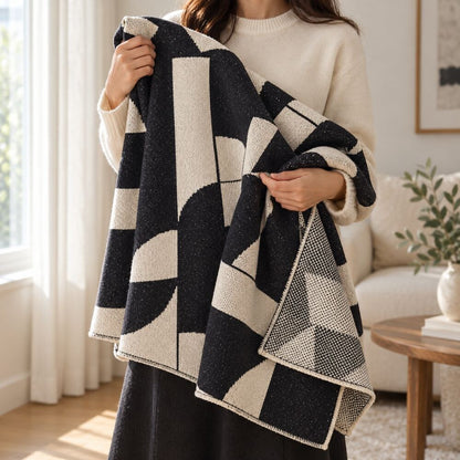 Monochrome Geometric Throw Blanket – retro design, microfibre blend