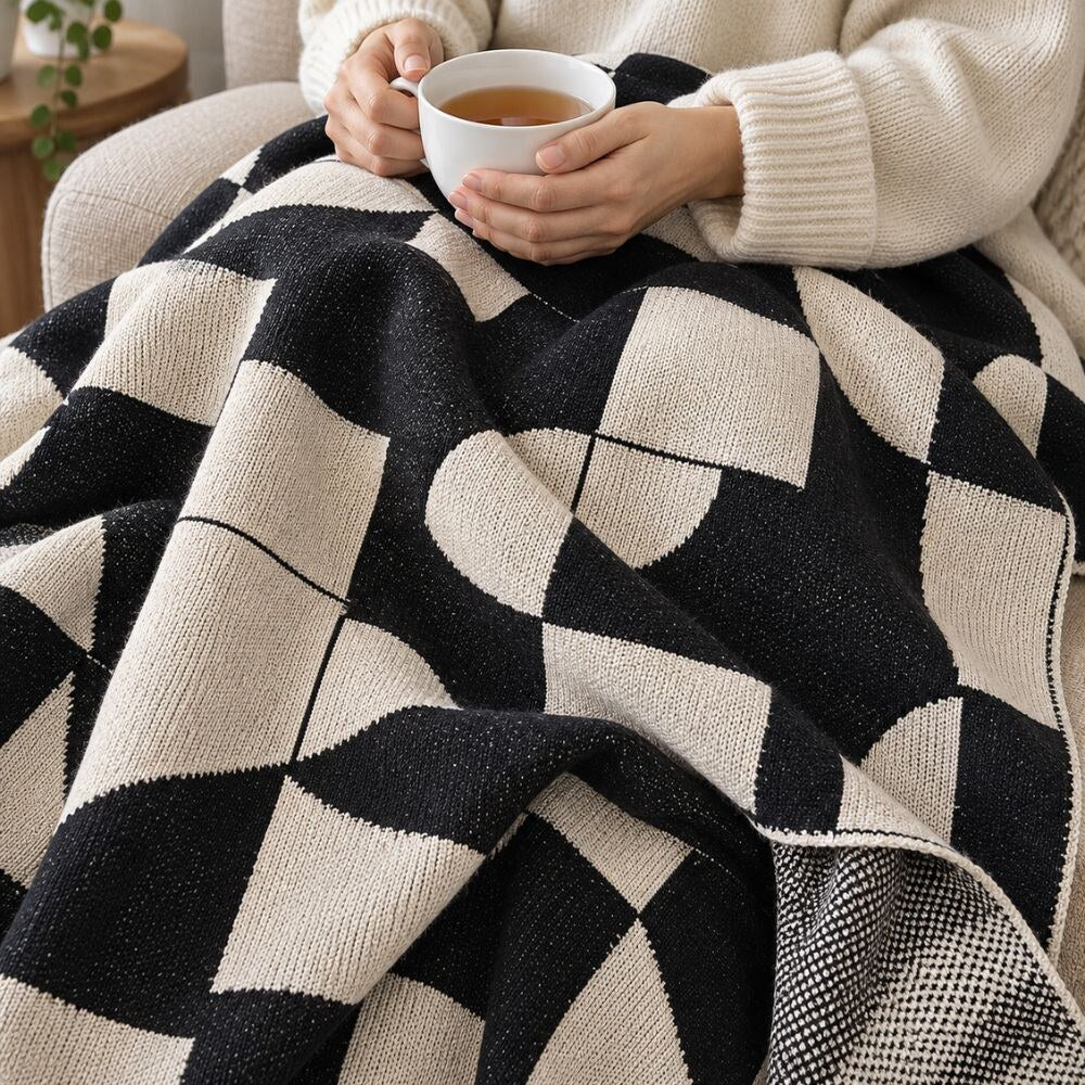 Monochrome Geometric Throw Blanket – retro design, microfibre blend