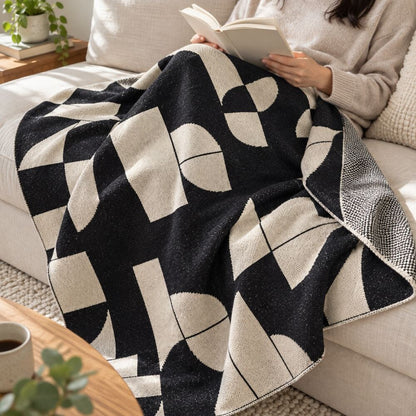 Monochrome Geometric Throw Blanket – retro design, microfibre blend