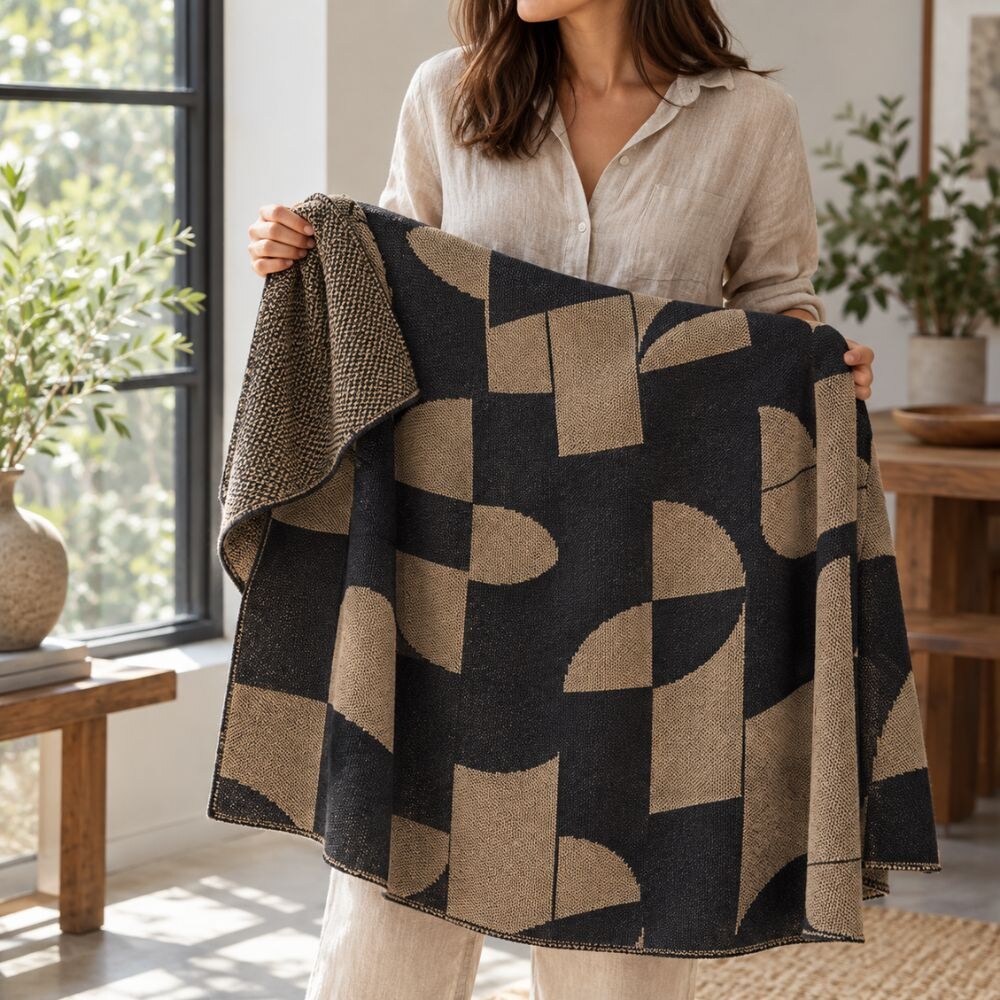 Monochrome Geometric Throw Blanket – retro design, microfibre blend