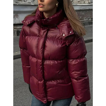 Puffer Hooded Jacket – quilted, insulated, burgundy