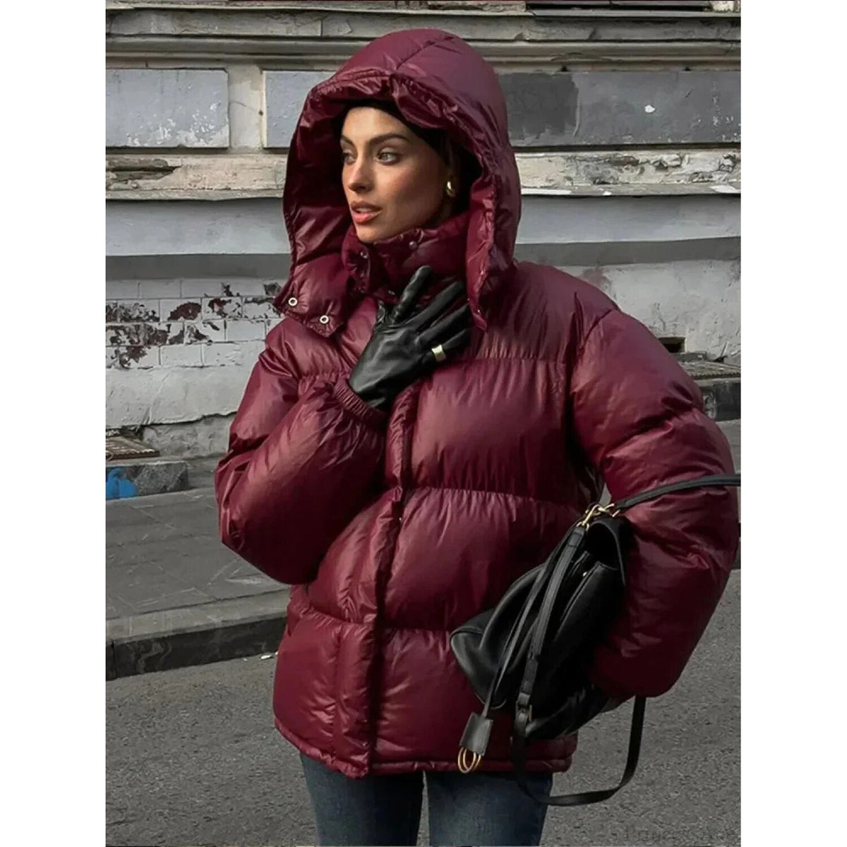Puffer Hooded Jacket – quilted, insulated, burgundy