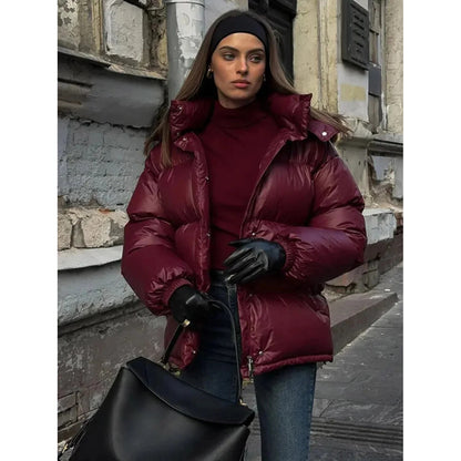 Puffer Hooded Jacket – quilted, insulated, burgundy
