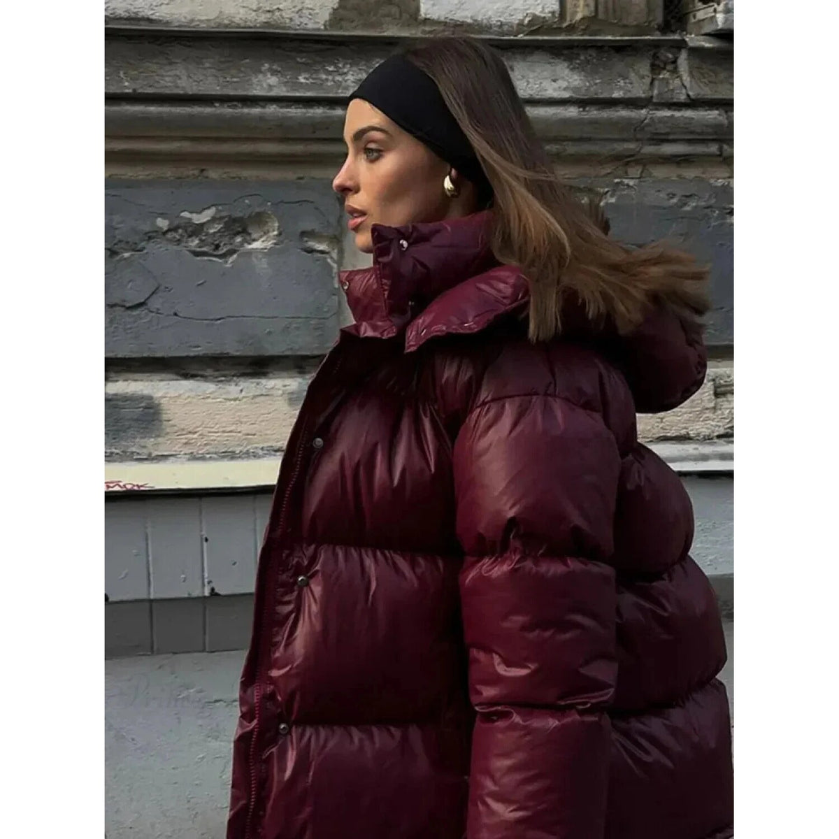 Puffer Hooded Jacket – quilted, insulated, burgundy