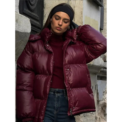 Puffer Hooded Jacket – quilted, insulated, burgundy