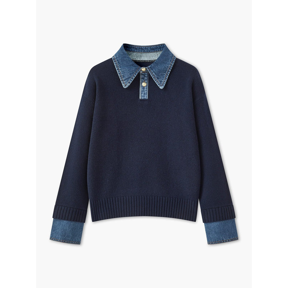 Ribbed Knit Jumper – denim collar, button front, textured fabric