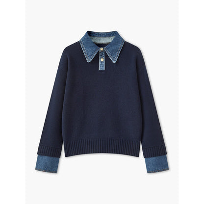 Ribbed Knit Jumper – denim collar, button front, textured fabric