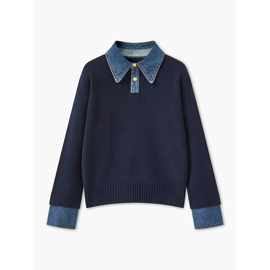 Ribbed Knit Jumper – denim collar, button front, textured fabric