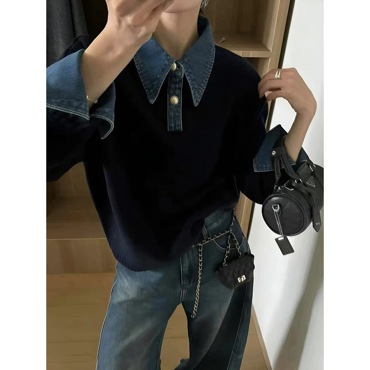 Ribbed Knit Jumper – denim collar, button front, textured fabric