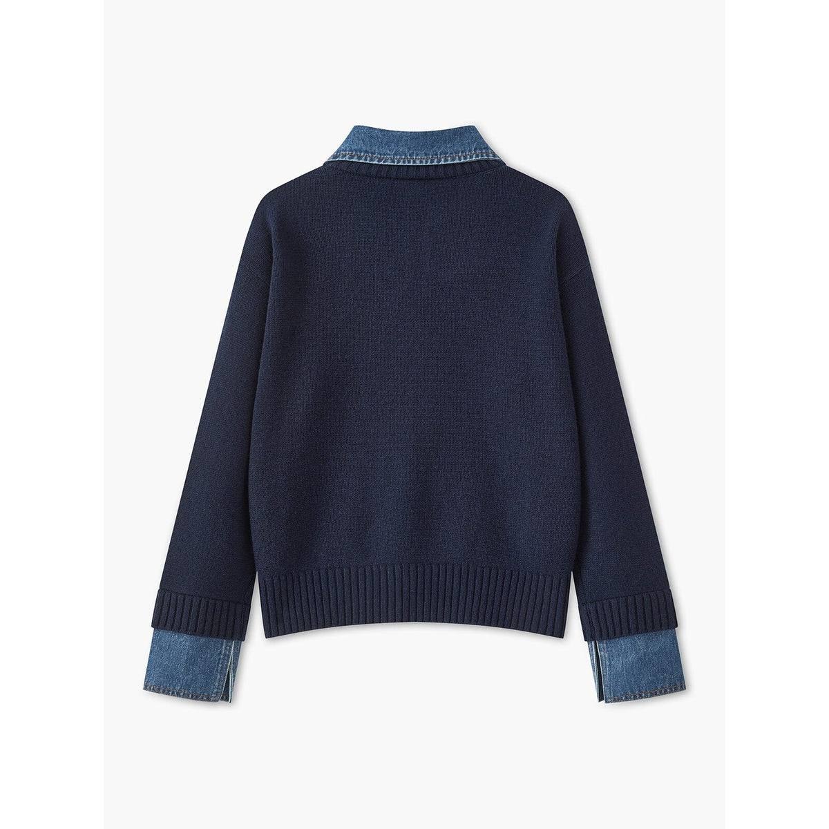 Ribbed Knit Jumper – denim collar, button front, textured fabric