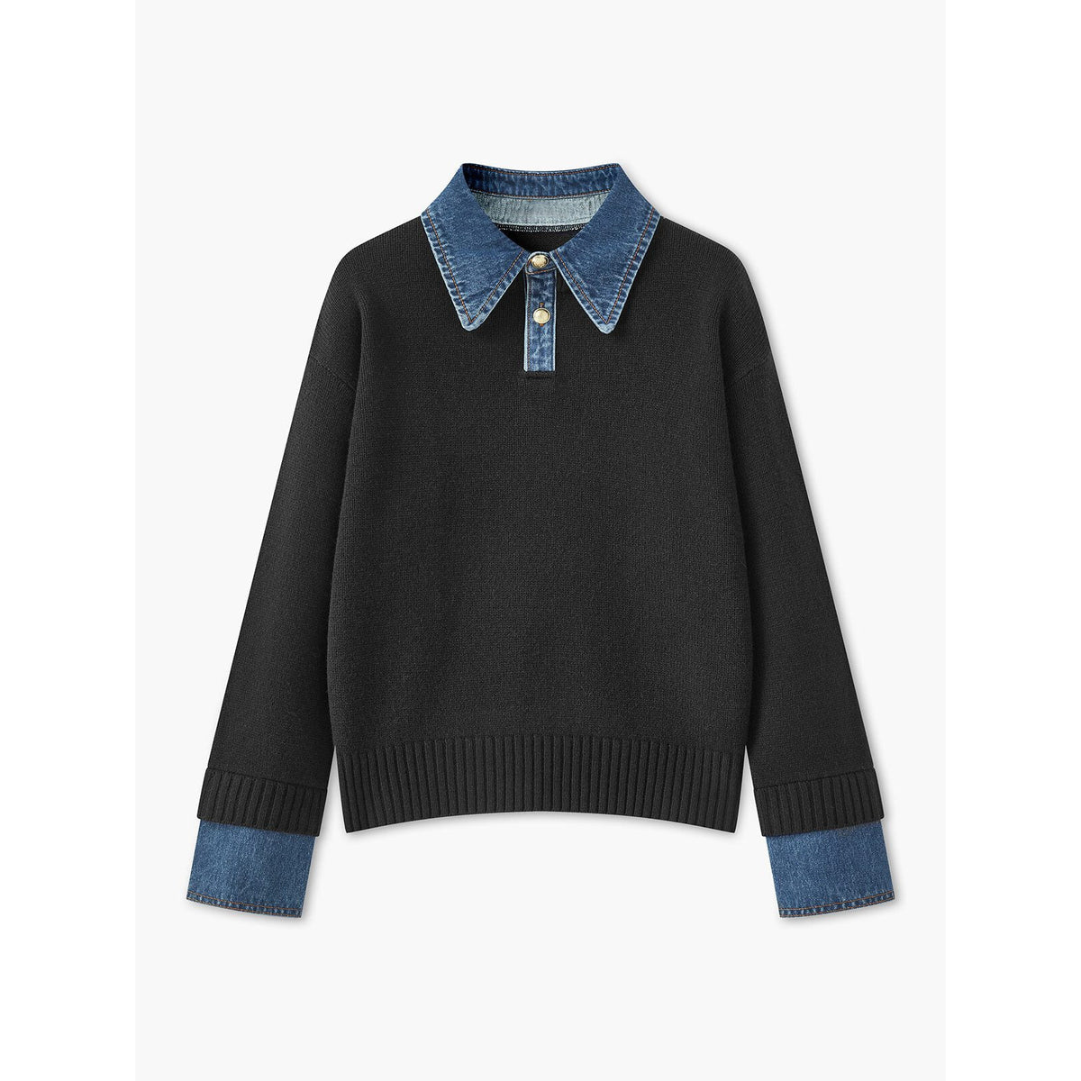 Ribbed Knit Jumper – denim collar, button front, textured fabric