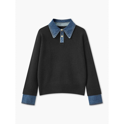 Ribbed Knit Jumper – denim collar, button front, textured fabric