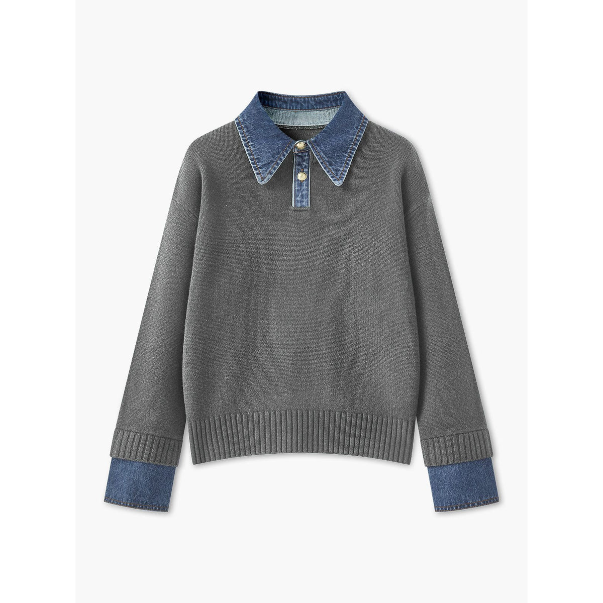 Ribbed Knit Jumper – denim collar, button front, textured fabric