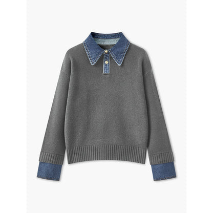 Ribbed Knit Jumper – denim collar, button front, textured fabric