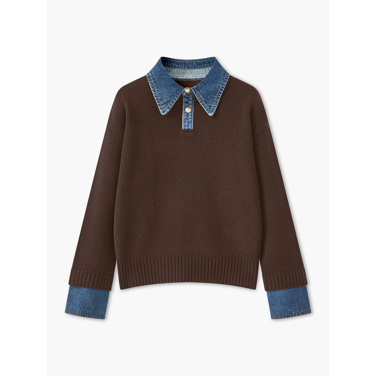 Ribbed Knit Jumper – denim collar, button front, textured fabric