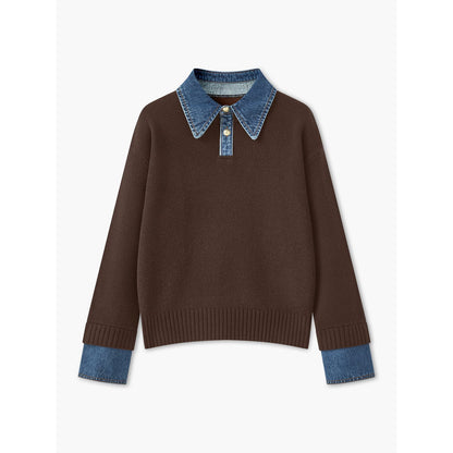 Ribbed Knit Jumper – denim collar, button front, textured fabric