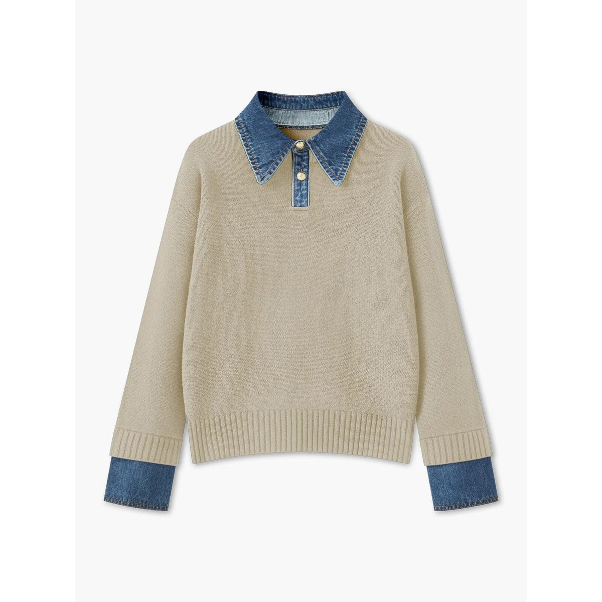 Ribbed Knit Jumper – denim collar, button front, textured fabric