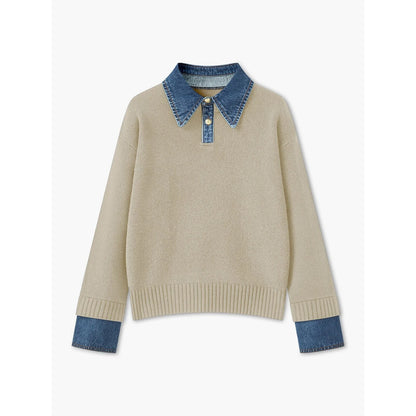 Ribbed Knit Jumper – denim collar, button front, textured fabric