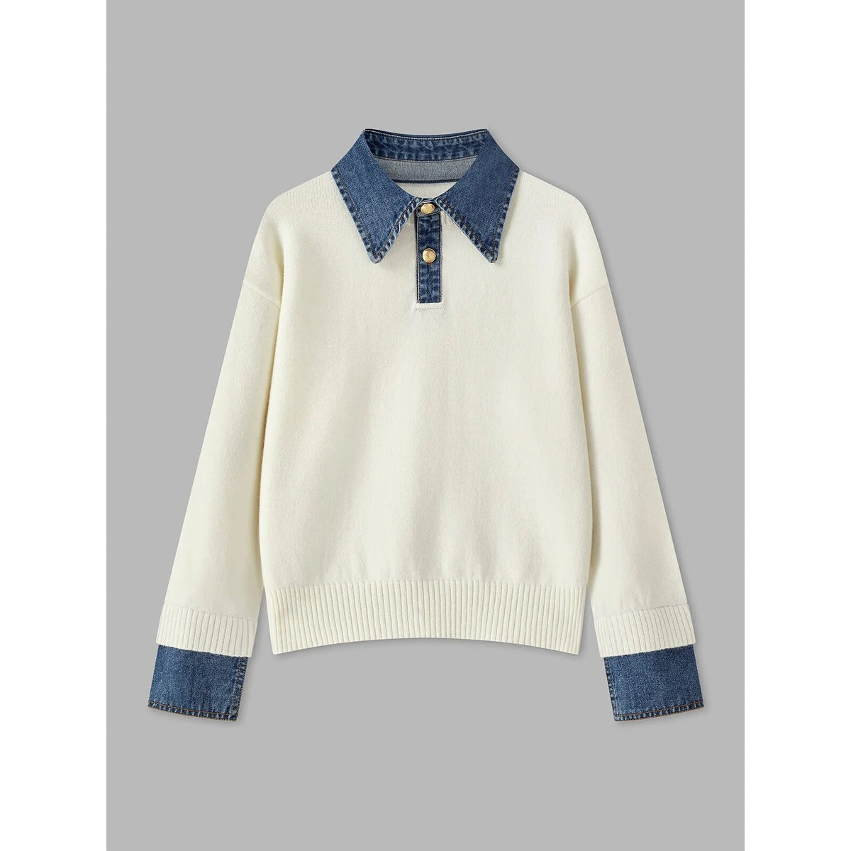 Ribbed Knit Jumper – denim collar, button front, textured fabric