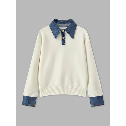 Ribbed Knit Jumper – denim collar, button front, textured fabric