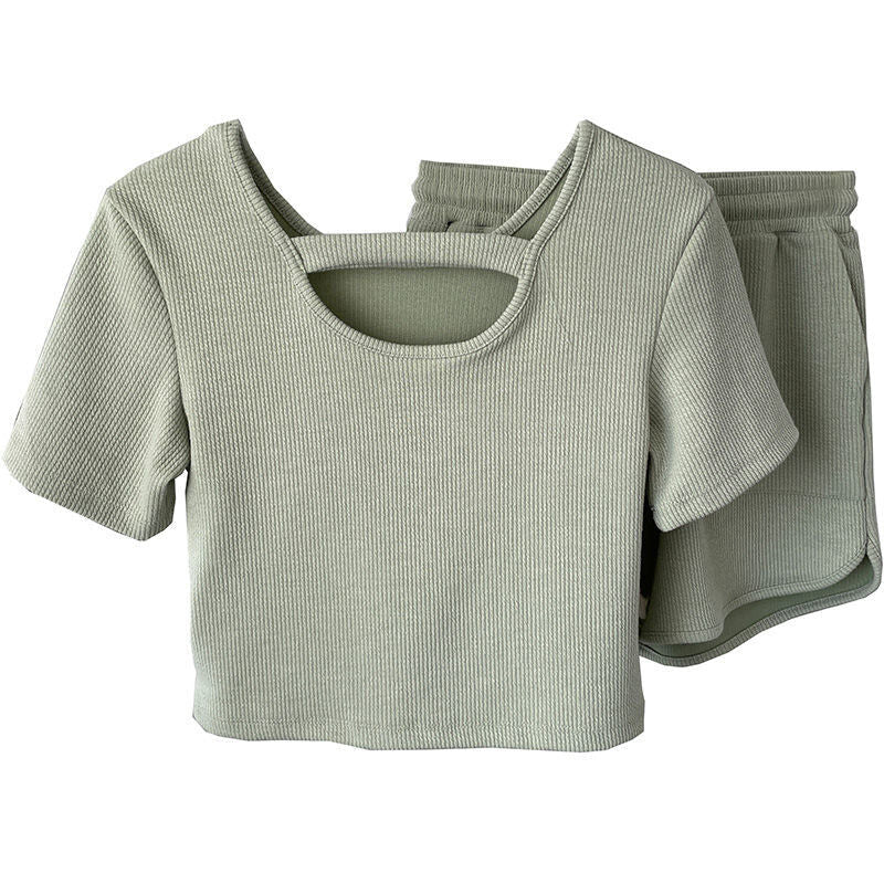 Ribbed Loungewear Set – short sleeve, matching shorts, side pockets