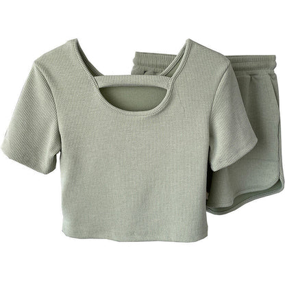 Ribbed Loungewear Set – short sleeve, matching shorts, side pockets