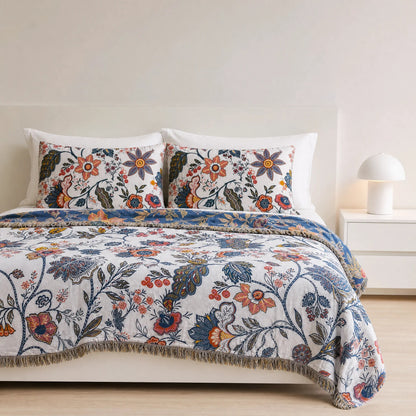 Rustic Floral Throw – cotton jacquard, reversible, with tassels