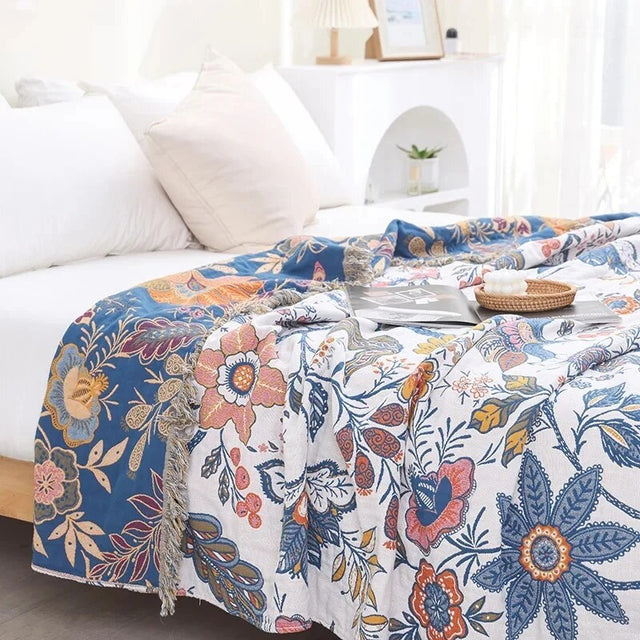 Rustic Floral Throw – cotton jacquard, reversible, with tassels