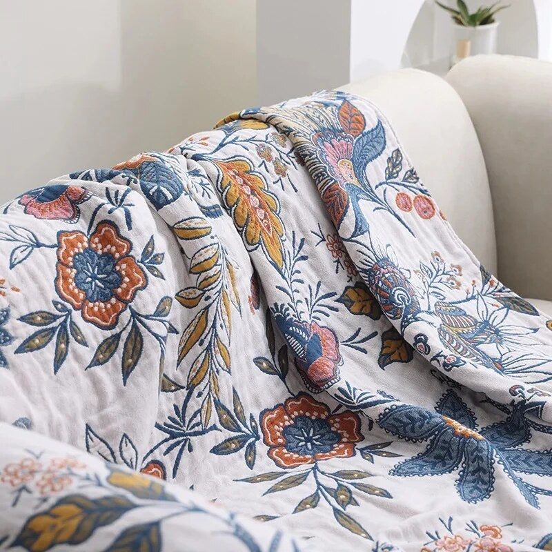 Rustic Floral Throw – cotton jacquard, reversible, with tassels