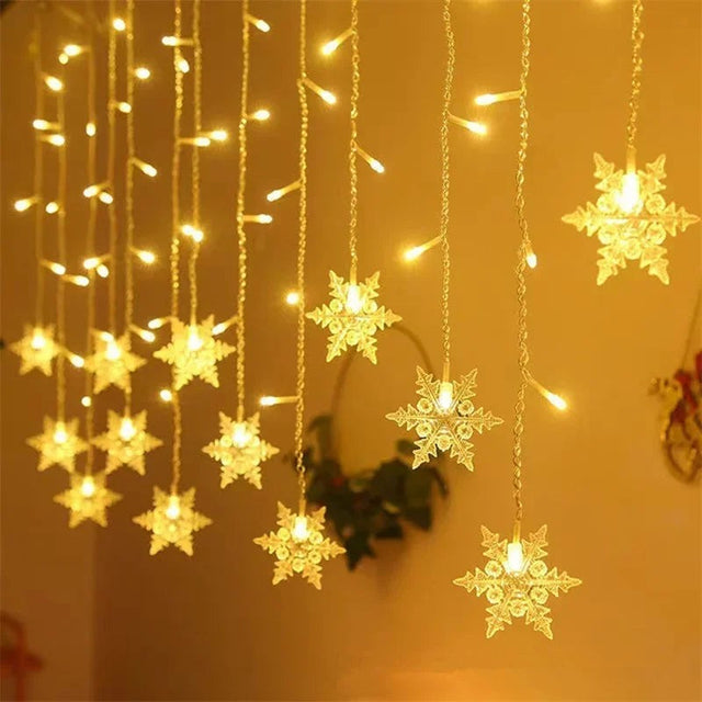Snowflake or Icicle Curtain Lights – plug-in LED window lights, eight modes