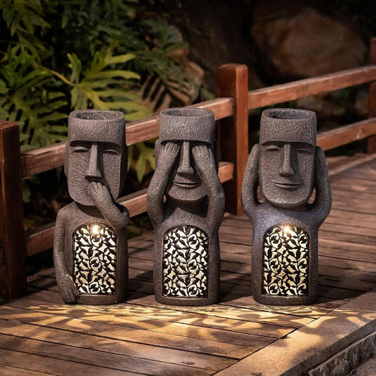 Solar garden lights – Easter Island statue design, patterned cutout, warm glow