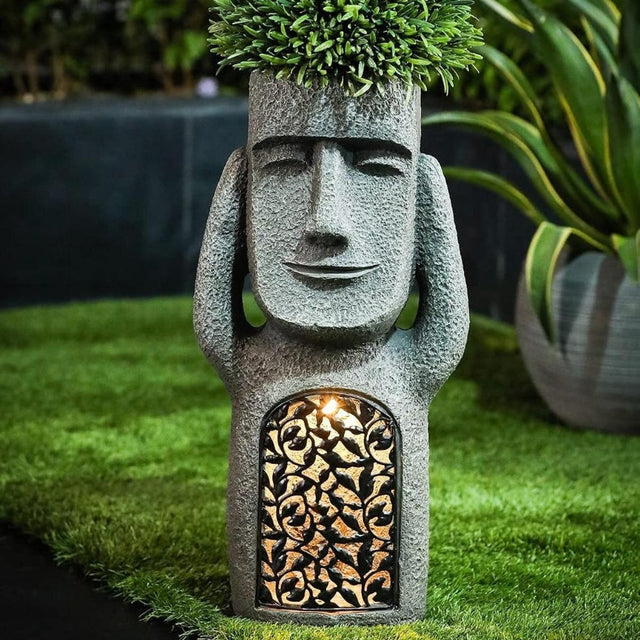 Solar garden lights – Easter Island statue design, patterned cutout, warm glow