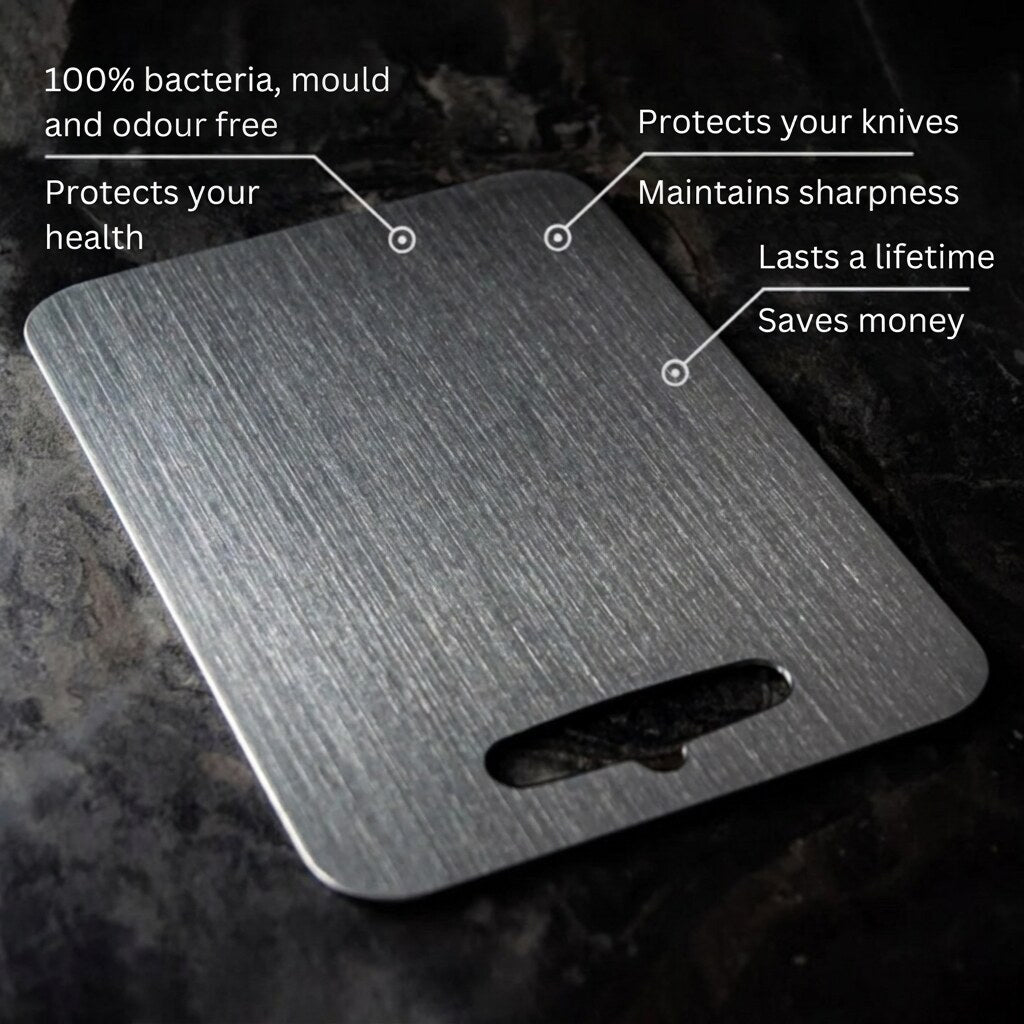 Titanium Cutting Board – medical-grade, non-porous, lightweight