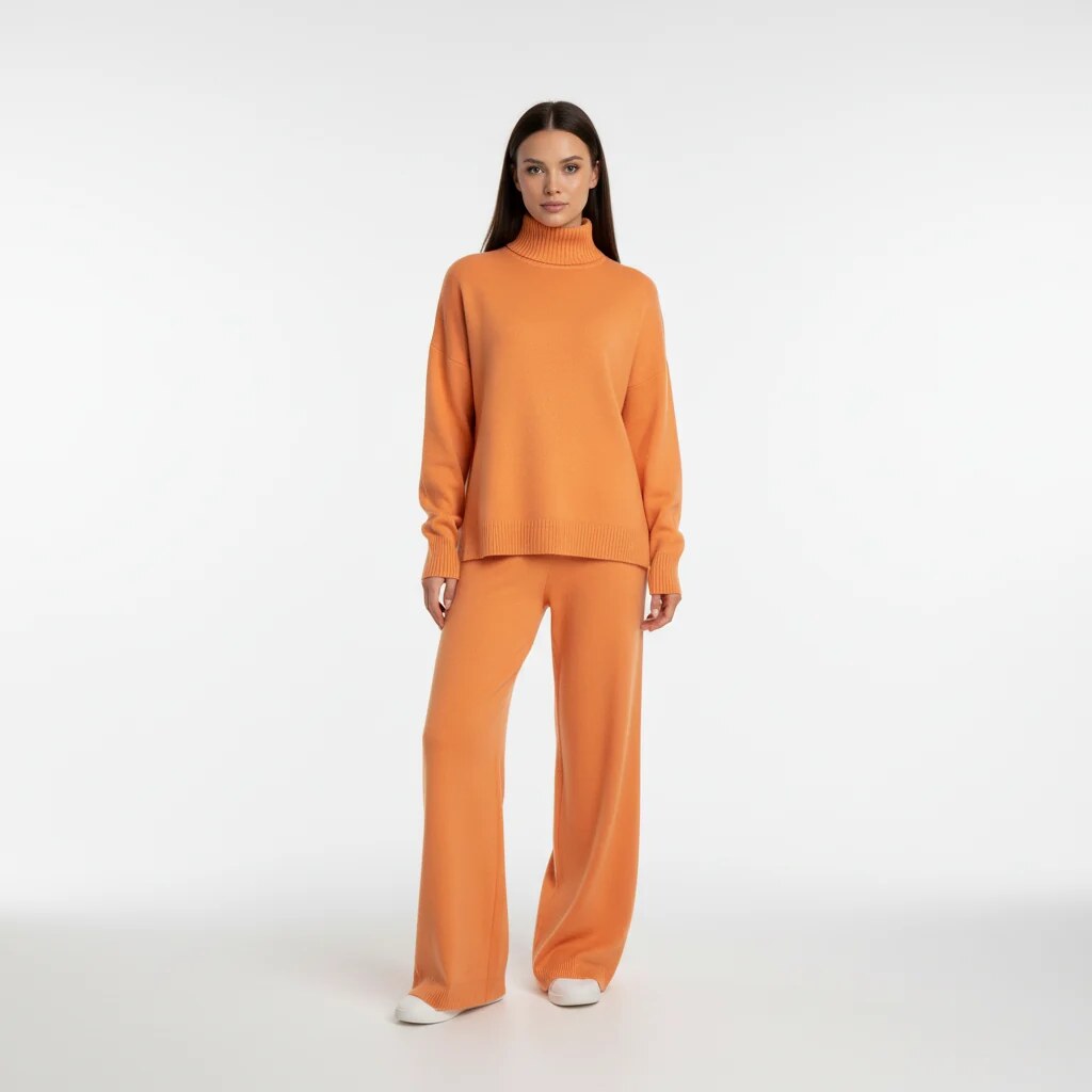 Women's Turtleneck Loungewear Set – knit jumper, wide-leg trousers