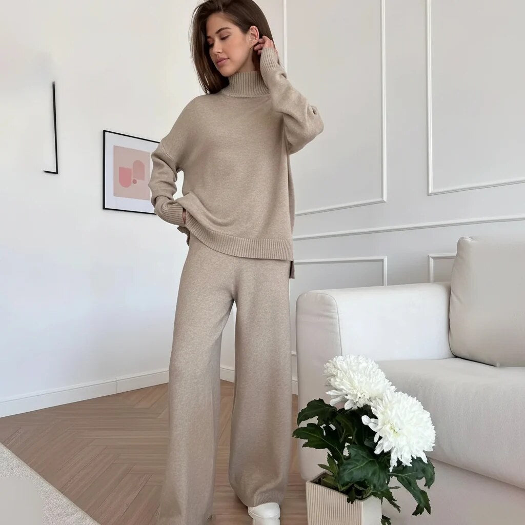 Women's Turtleneck Loungewear Set – knit jumper, wide-leg trousers