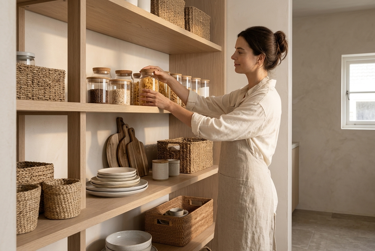 Organising an oak pantry shelf