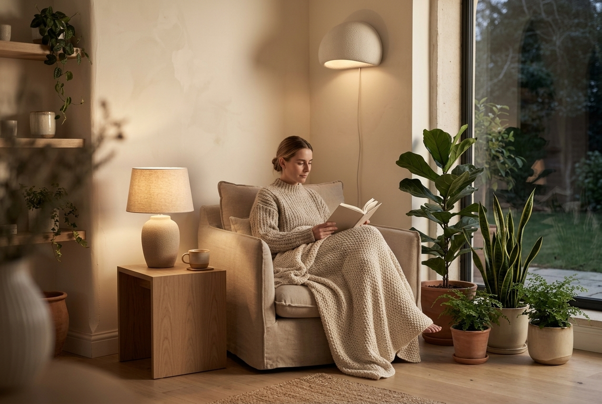 Reading corner with a ceramic lamp and knit throw