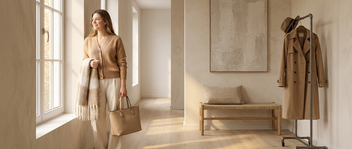 Woman in a camel cardigan with a tote bag